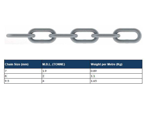 Chaîne d'ancrage en acier doux galvanisé HDG de 7 mm (pièce de 1 mètre)