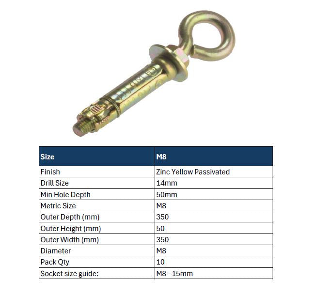 M8 Anchor Eyebolt For Siting - Pack of 10